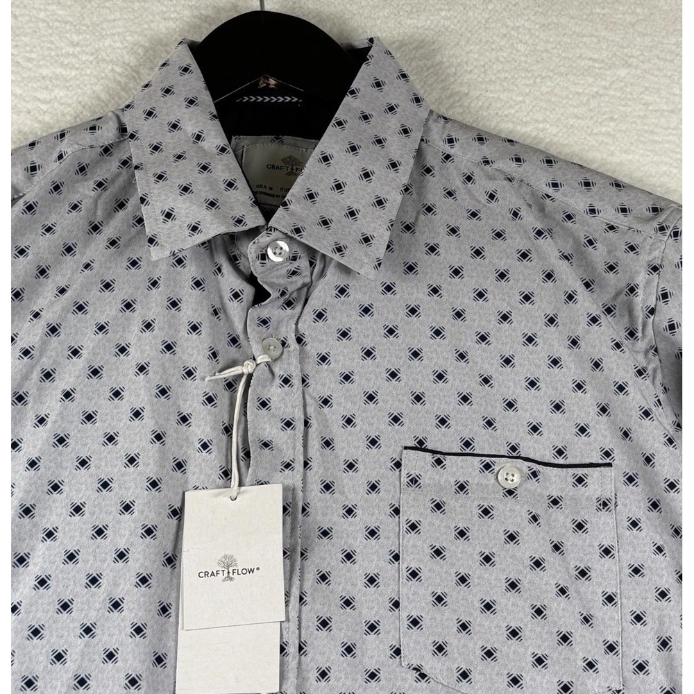Craft+Flow Shirt Mens Medium Gray Navy Geometric‎ Print Stretch Preppy Button Up